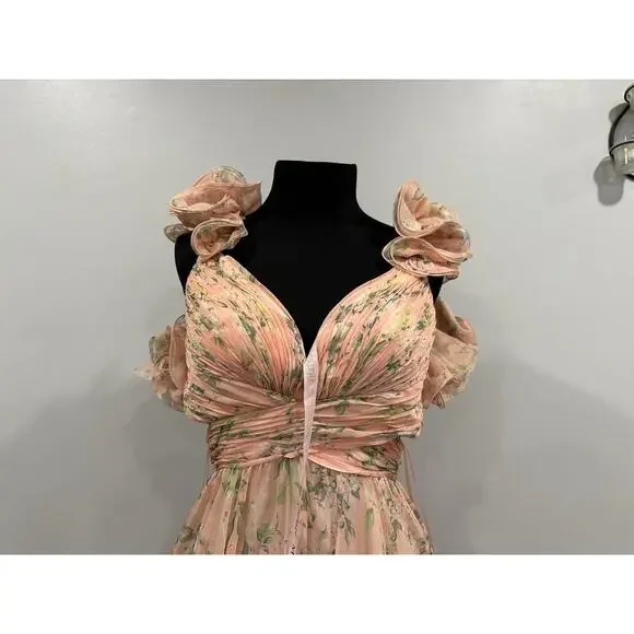 Mac Duggal 67803 Pink Ruffle Tiered Floral Cut-Out Chiffon Gown Dress Sz 4 NWOT - Picture 3 of 6